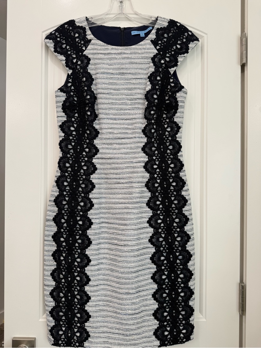ANTONIO MELANI Ivory and Black Tweed Dress with Lace Appliqué